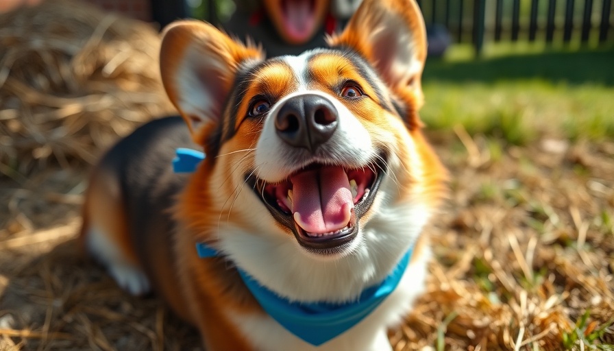 Happy Corgi wearing blue bandana at outdoor event, highlighting pet insurance impact over profit.