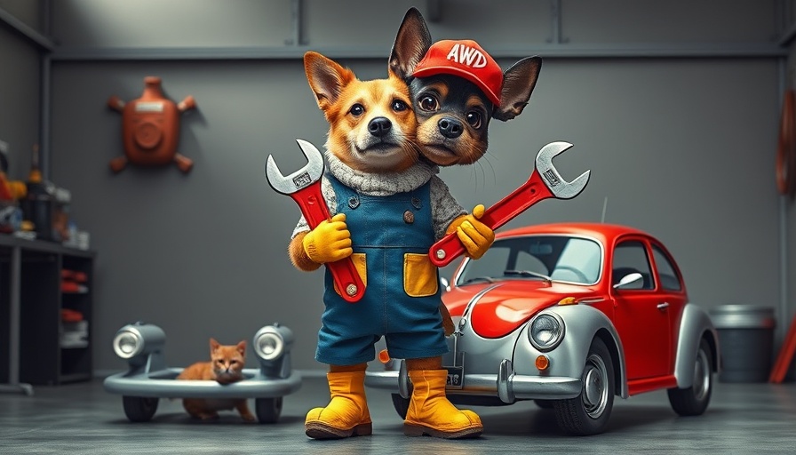 Pet spring tune-up ad with dog mechanic promoting vaccinations.