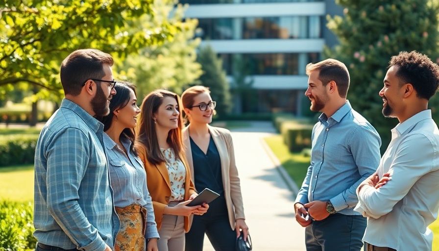 Diverse professionals discussing outdoor productivity hacks