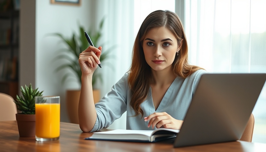 Thoughtful woman contemplating productivity hacks at a table.