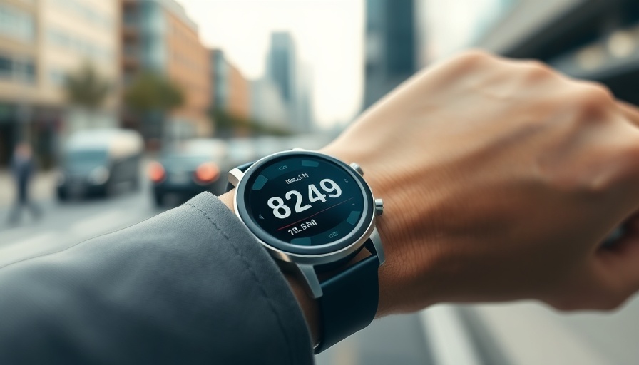 Smartwatch tracks health on a person's wrist outdoors.