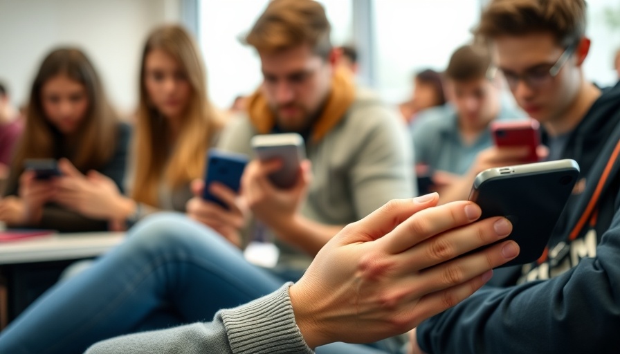 Close-up of students using phones in a classroom, phone-free policies in schools.