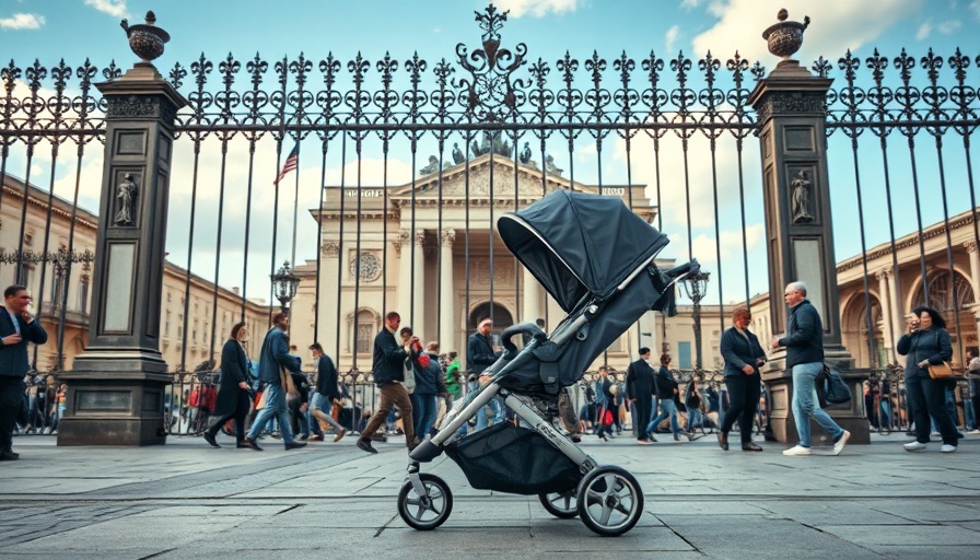 Stroller by iconic fence symbolizes government investment in children.