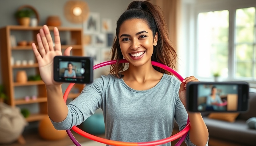Smiling woman shares fitness tips with hula hoop on social media.