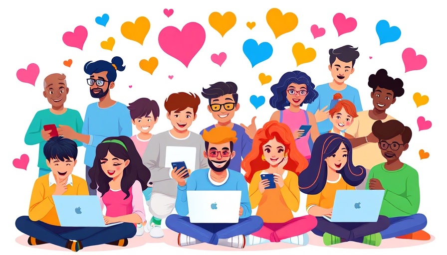Cartoon illustration of social media design with people and icons.