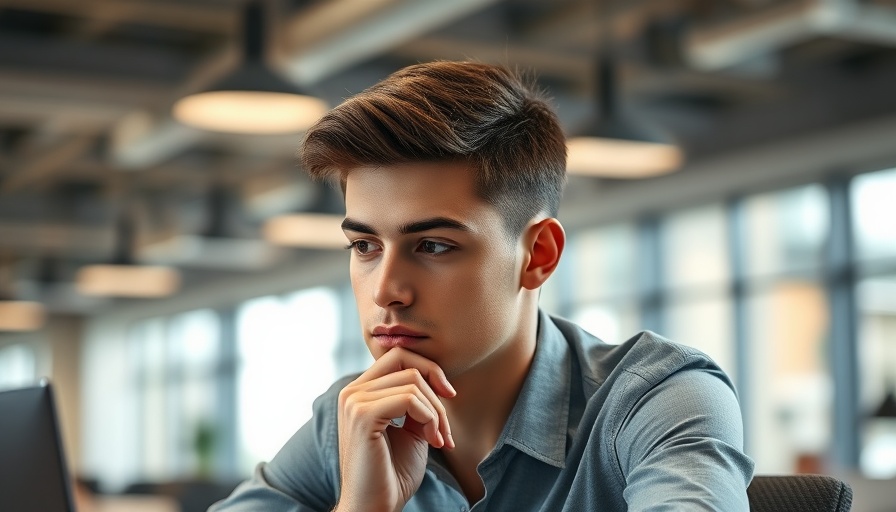 Focused professional thinking in modern office environment, improving workplace mental health culture.