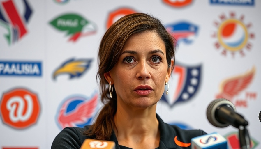 Woman at press conference with sports logos background, focusing.