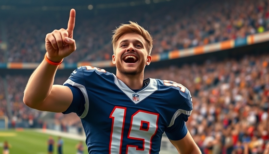 Football player celebrates on the field in vibrant stadium.