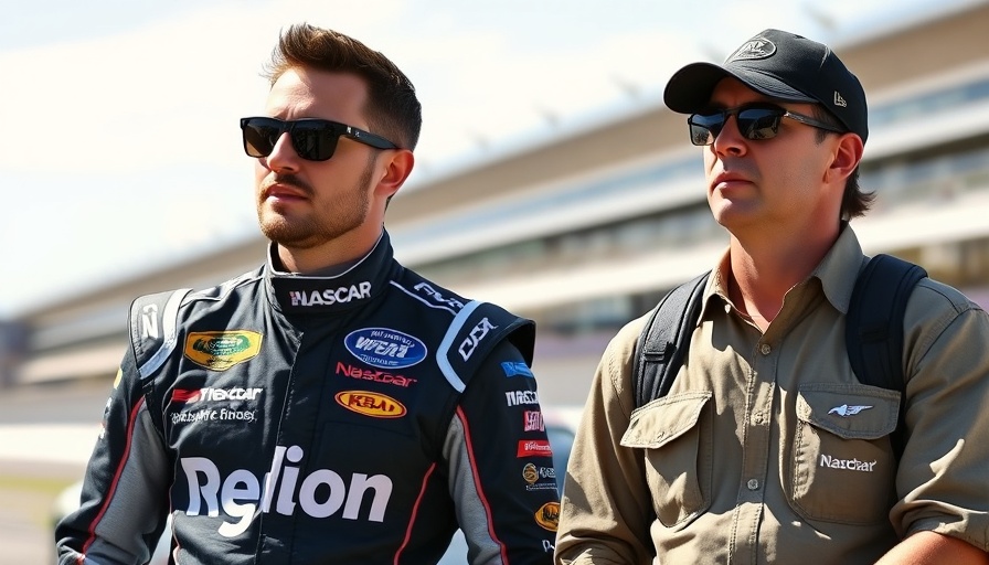 NASCAR tribute to Ken Schrader, two men at racing event.