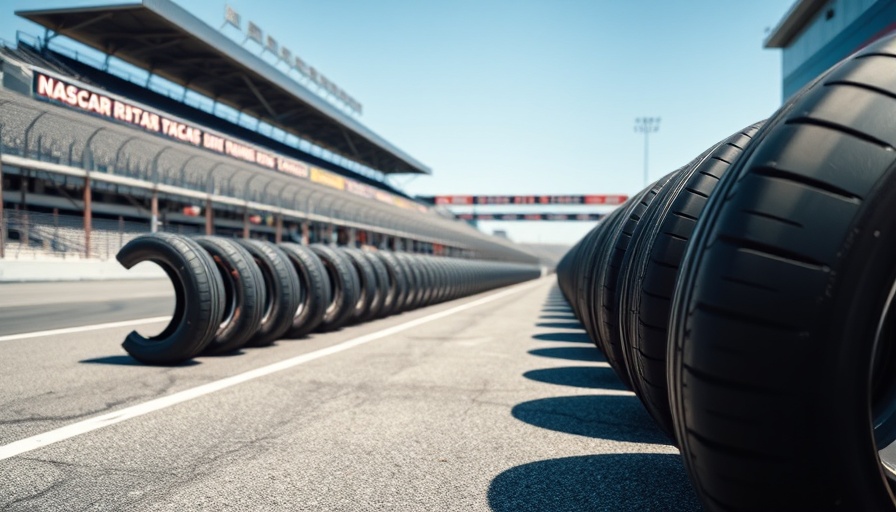 NASCAR racing tires aligned on track in bright daylight.
