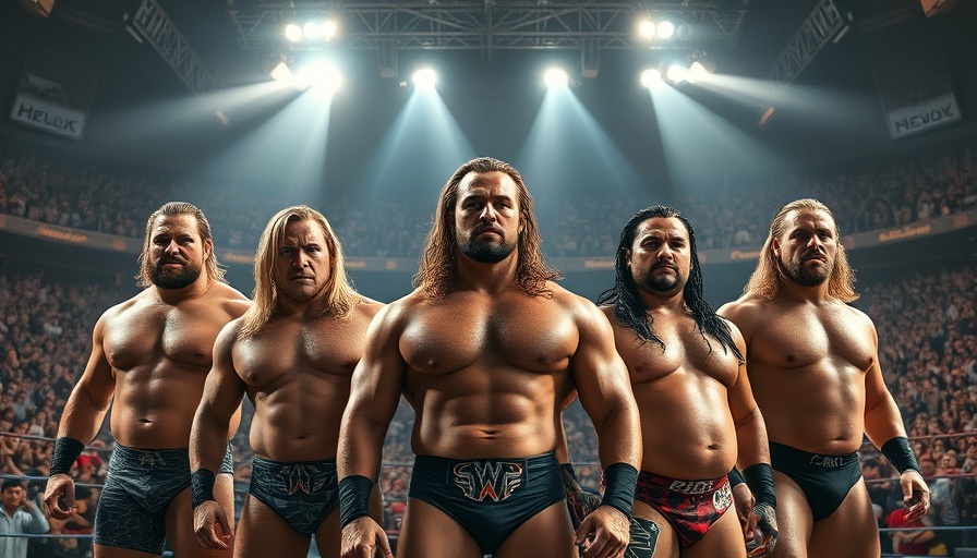 Iconic wrestlers posing for WWE video game covers in an arena.