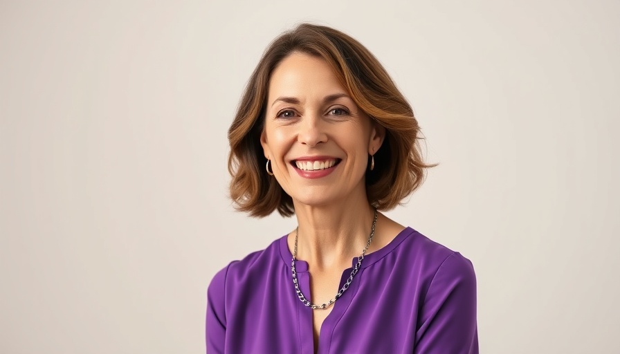 Professional woman smiling in a purple blouse, heart health lifestyle.