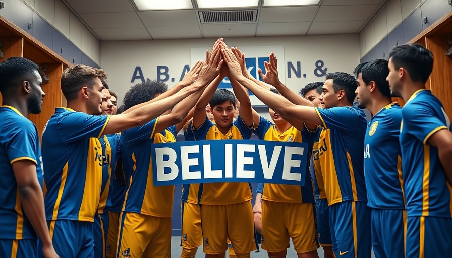 Athletes huddle in locker room over a motivational sign for productivity hacks inspiration.