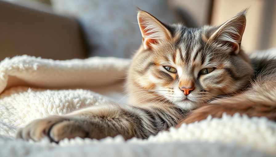 Gentle gray cat lounging, cozy and serene, on a plush white background.