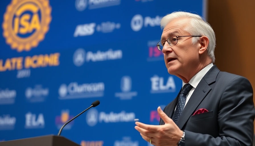 Senior executive speaking at a sports conference backdrop.