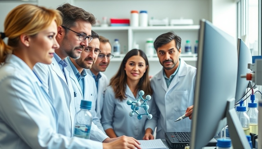 Scientists in a lab discussing molecular model amid health funding cuts.