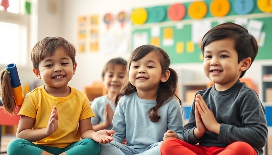 Mindfulness practice for kids involves young children engaging in a playful focus exercise in a colorful classroom.