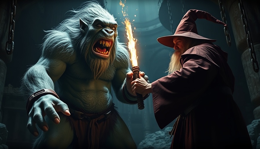 Wizard facing troll in dark dungeon from Harry Potter game.