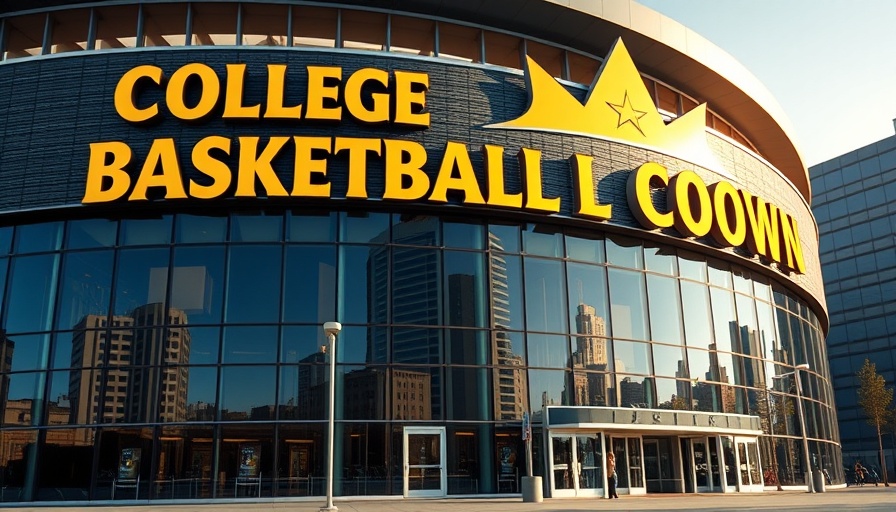 College Basketball Crown signage on modern arena exterior.
