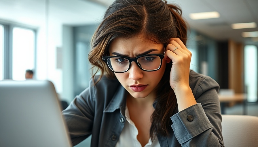Stressed young woman at desk with laptop in modern office, tips for managing work stress.