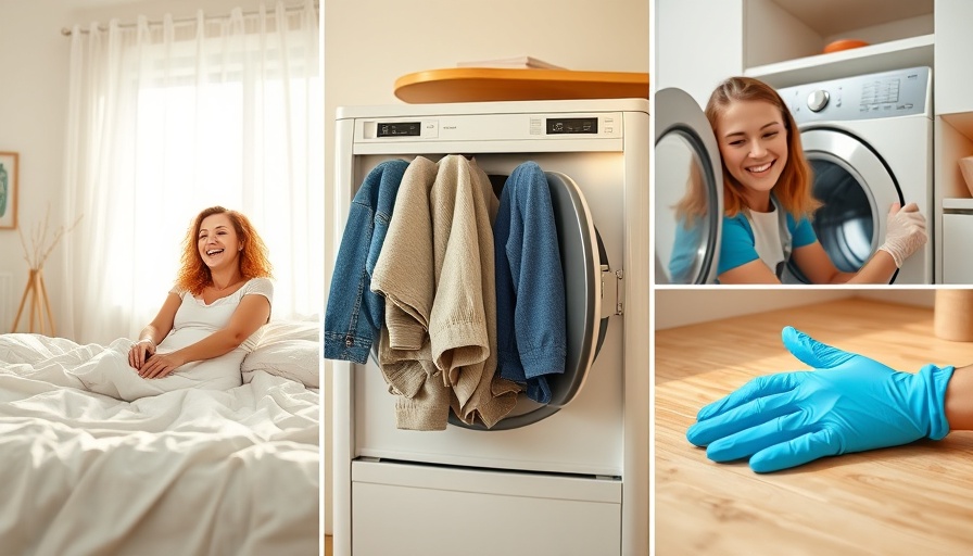 Creative collage depicting a 60-second productivity hack in homemaking with bed-making, laundry, and cleaning.