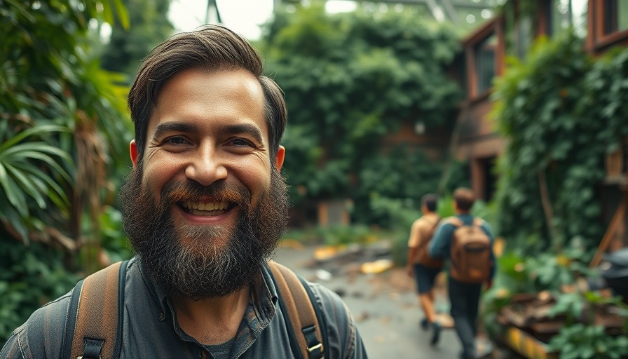 Smiling man with post-apocalyptic backdrop from The Last of Us Season 2 adaptation.