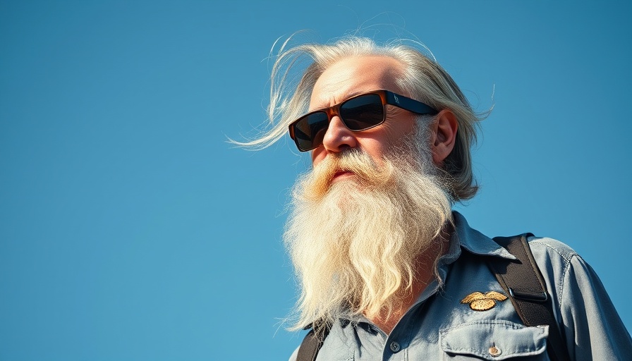 Man with long beard and sunglasses smiling humorously, clear sky.