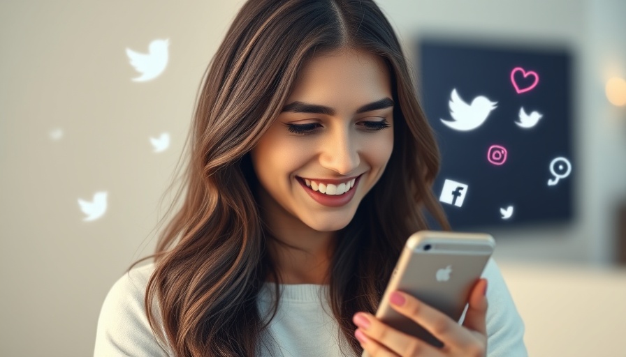 Smiling woman using phone with floating social media icons, digital safety.