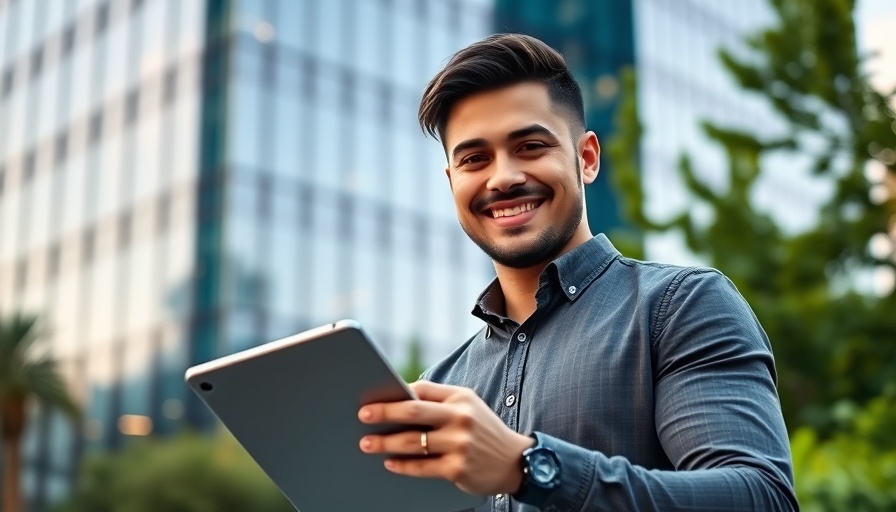 Young professional embracing work-life balance with a tablet outdoors