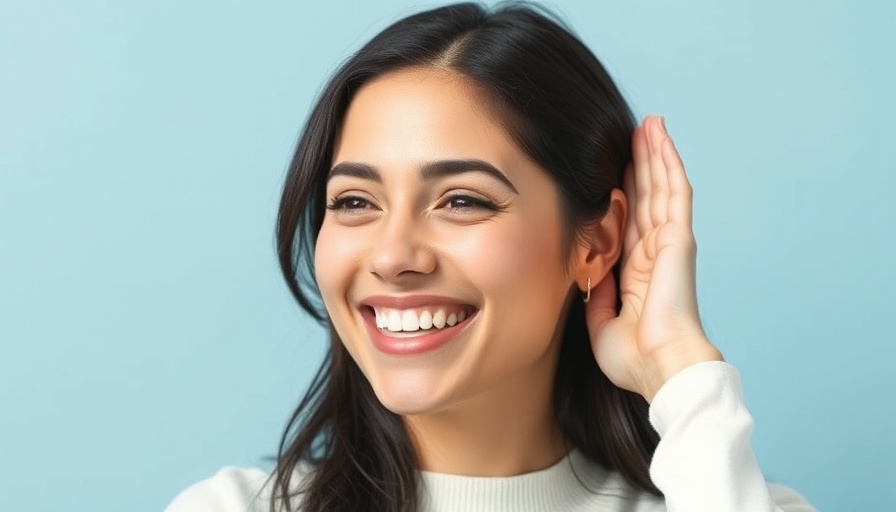 Smiling woman with sensitive hearing cupping ear in denim jacket.