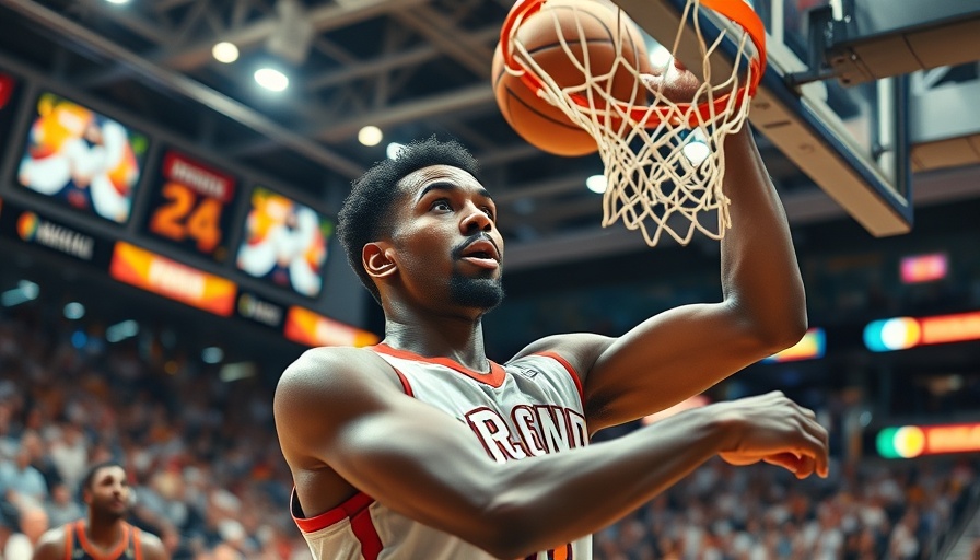 Dynamic moment of a must-start fantasy basketball player dunking.