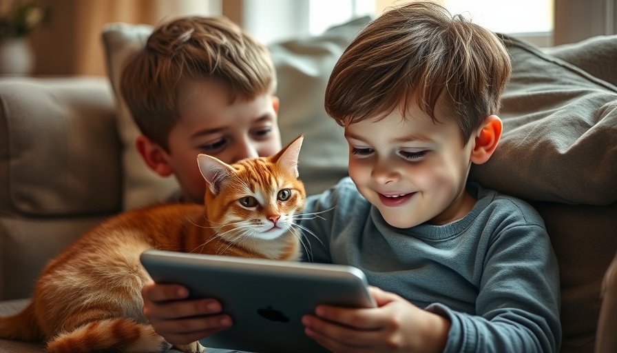 Smiling child using educational apps for kids on tablet with cat nearby.