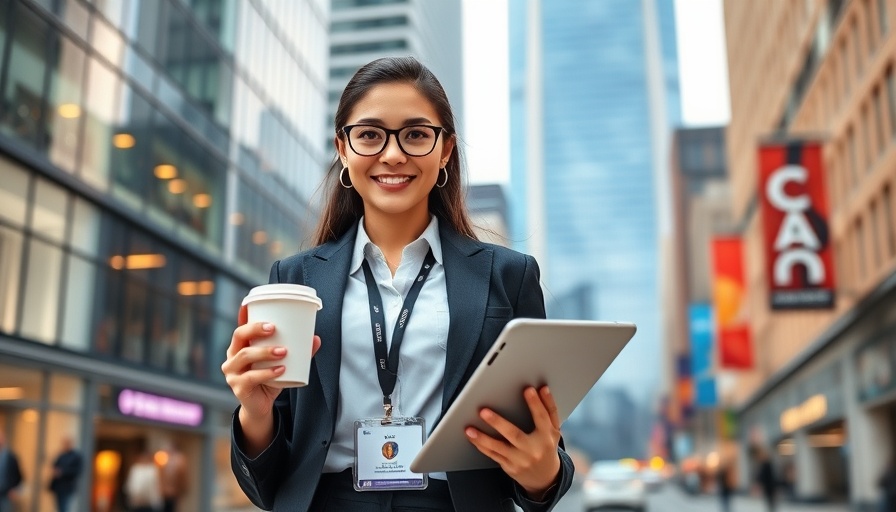 Confident young woman in work uniform holding coffee and tablet in city.