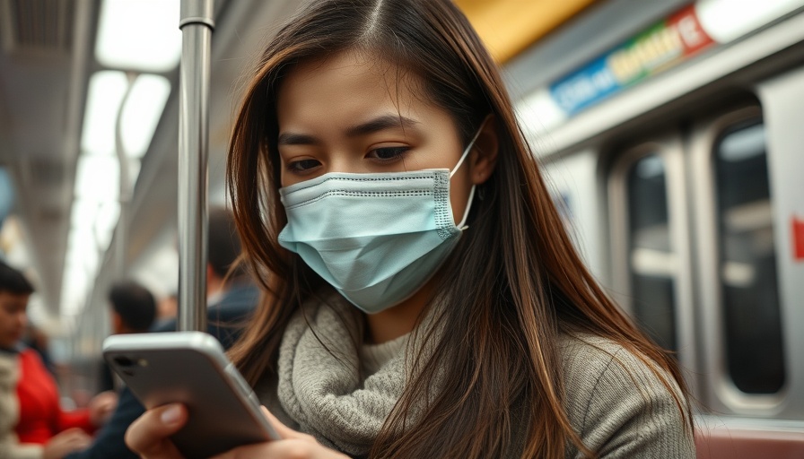 Female commuter with mask on subway, reflecting on mental health and work-from-home experience.