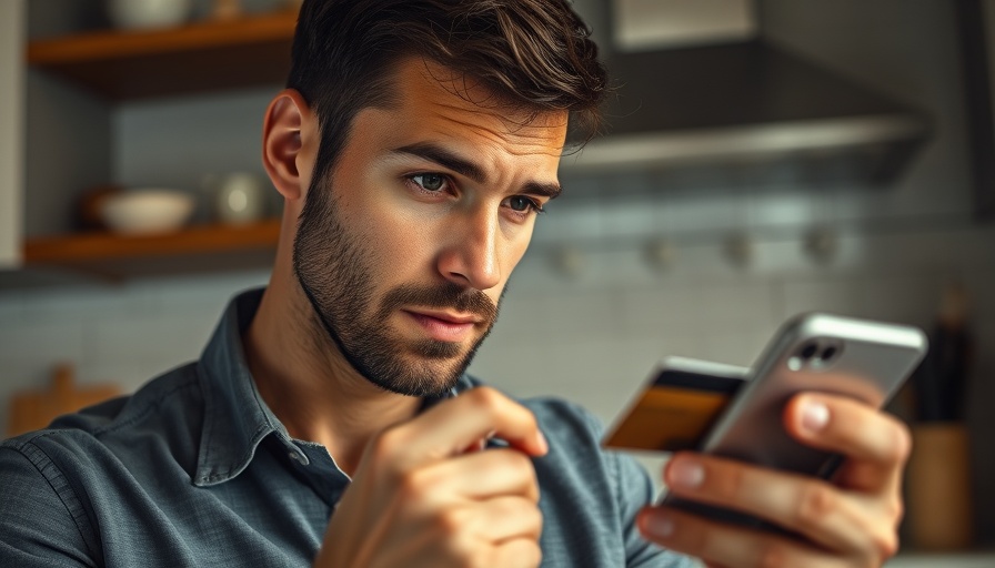Cautious man checking device with credit card in hand, fake online casinos Arizona.