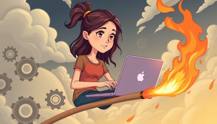 Gen Z burning out fast: Young woman on flaming matchstick working on laptop.