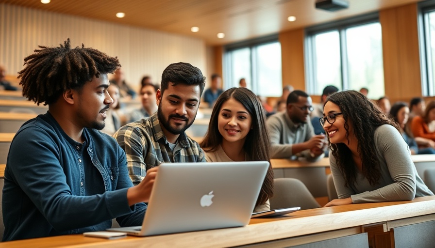Students collaborating in lecture hall, enhancing education with AI.
