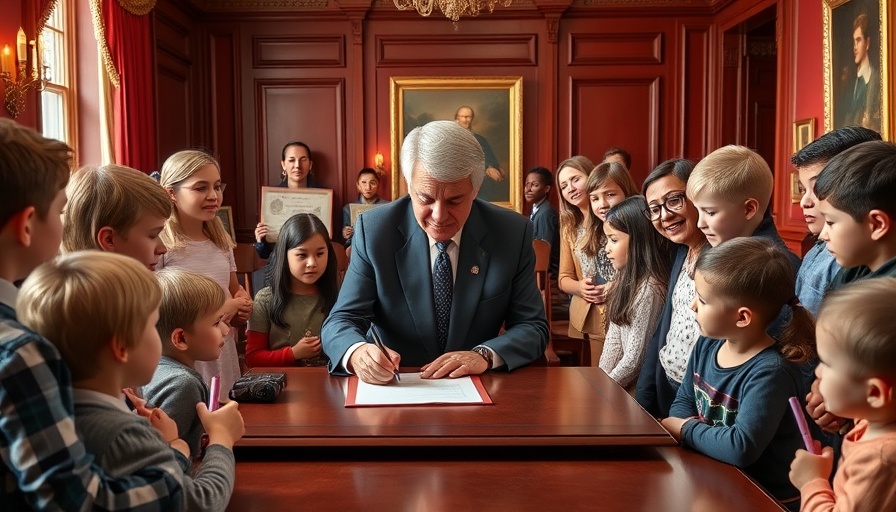 Official signing law surrounded by children, Online Child Safety Law Utah.