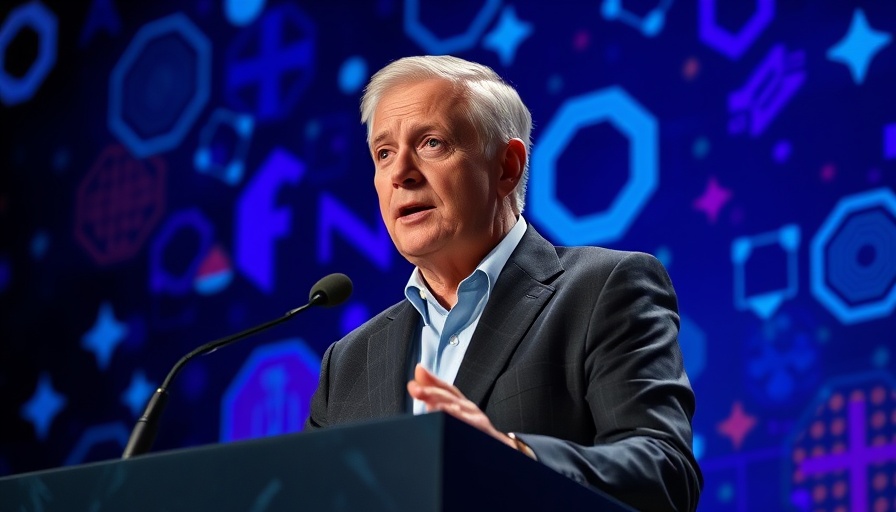 Speaker at event, abstract digital backdrop, protect kids from AI harms.