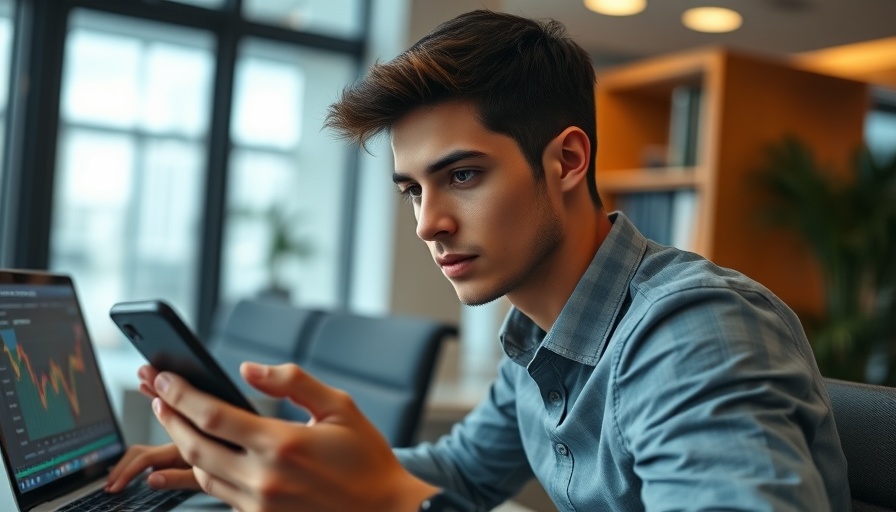 Young adult analyzing stock trading app on smartphone.