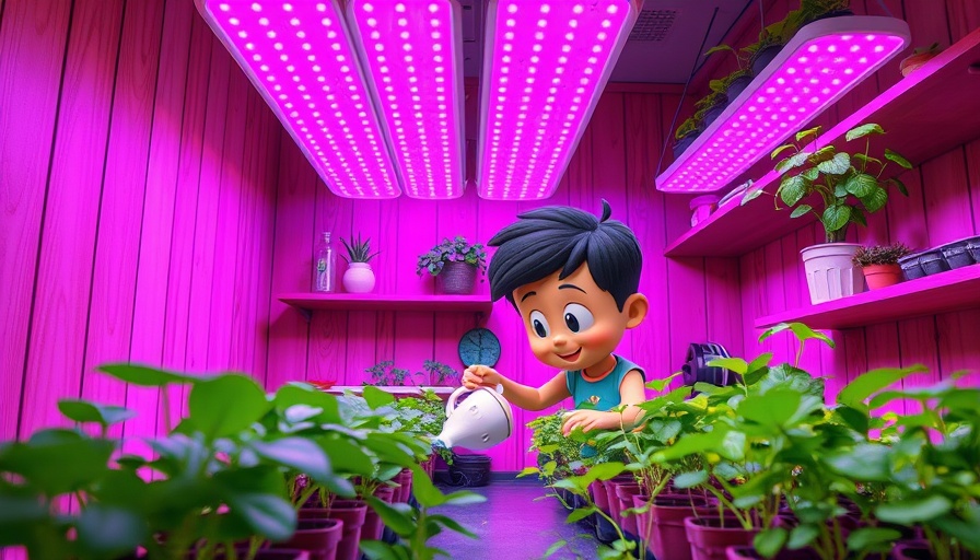 Stylized cartoon character tending indoor plants under purple lights.