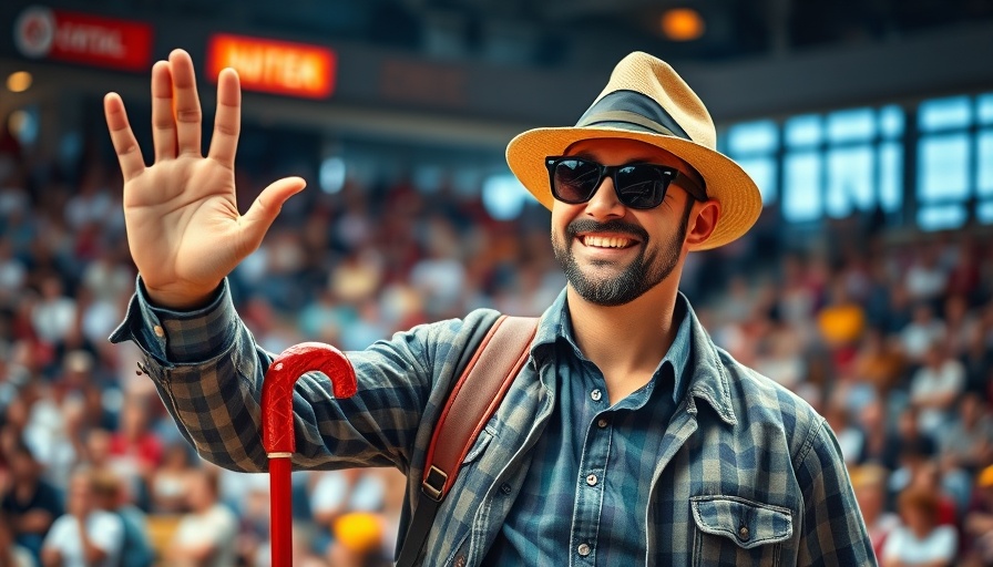 Casually dressed man waving in a sports arena, smiling.