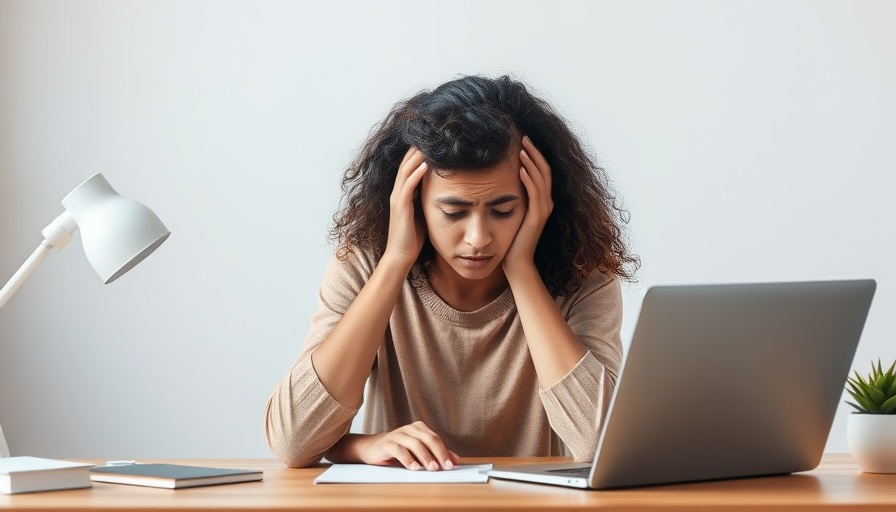 Frustrated woman coping with workspace stress at desk.