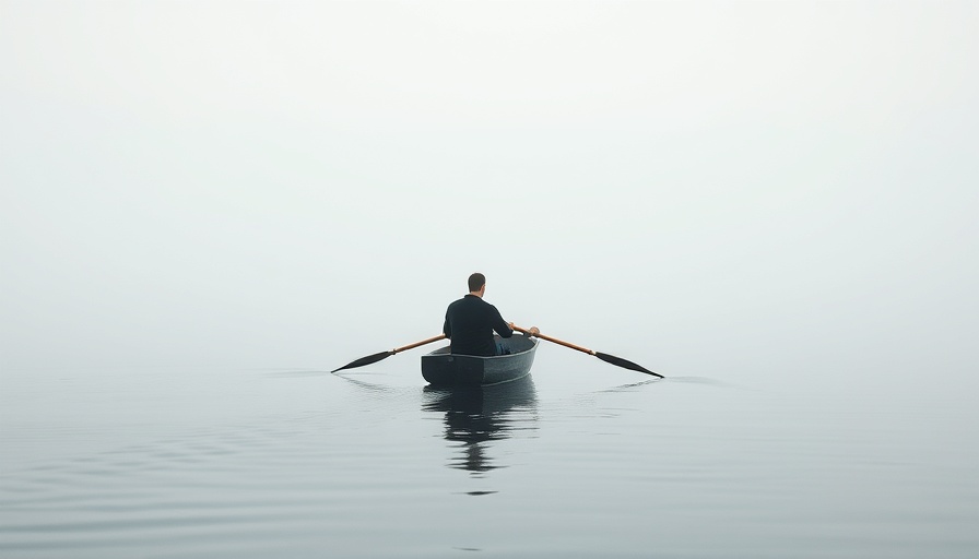 Mindfulness in work stress: serene rowing scene on misty lake.