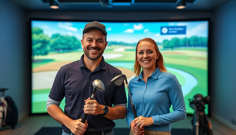 Smiling individuals with golf clubs against a simulated golf course.