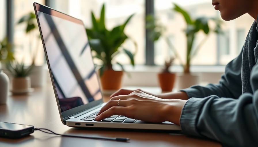Person working on laptop in bright office space.