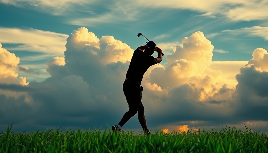 Golfer in mid-swing at local golf course under cloudy sky.