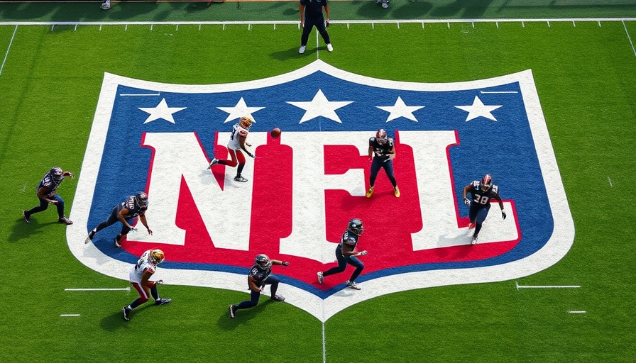 NFL game action with players on field, highlighting Los Angeles Chargers international marketing rights.