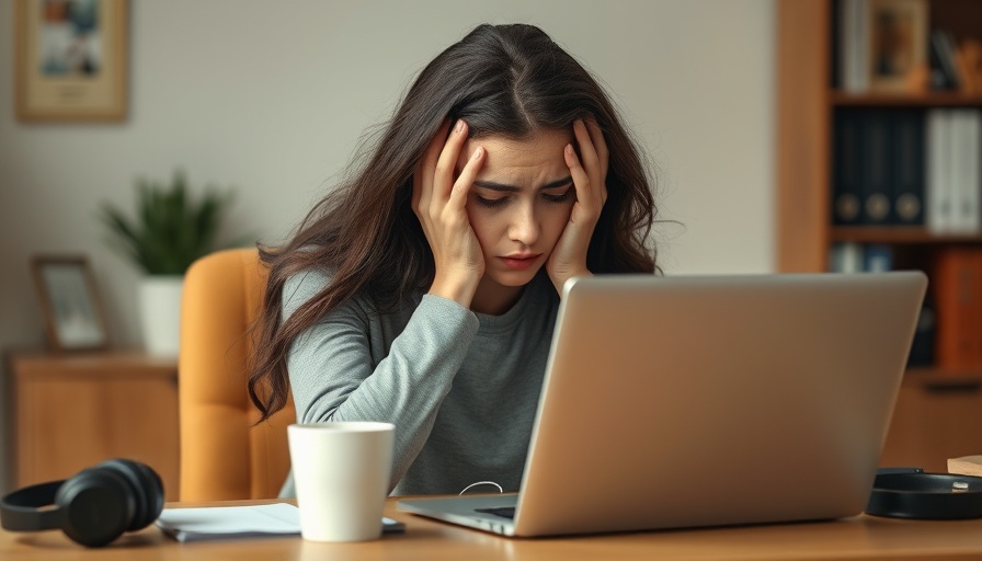 Stress management at work: Woman overwhelmed at desk.