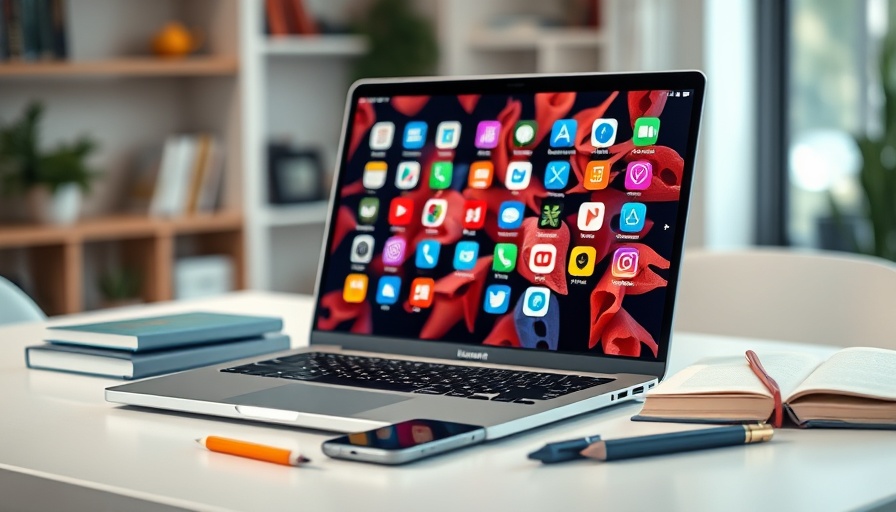 Educational apps on laptop with desk accessories, vibrant theme.